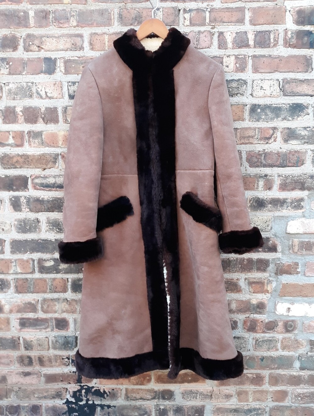 Vintage Penny Lane Coat Womens XL Faux Suede Shearling Fur Long Trench Boho Heav